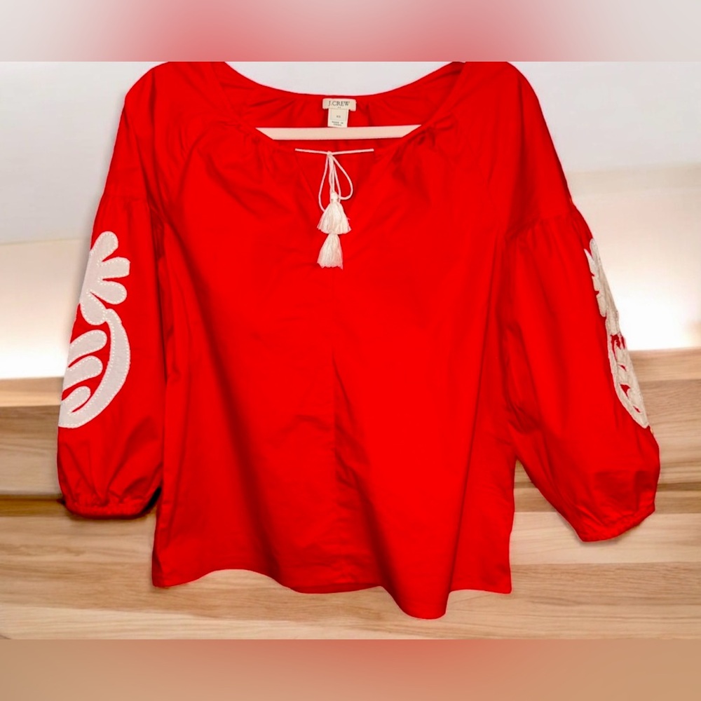 J Crew Red Embroidered puffed sleeve Cotton Women's Top size XS